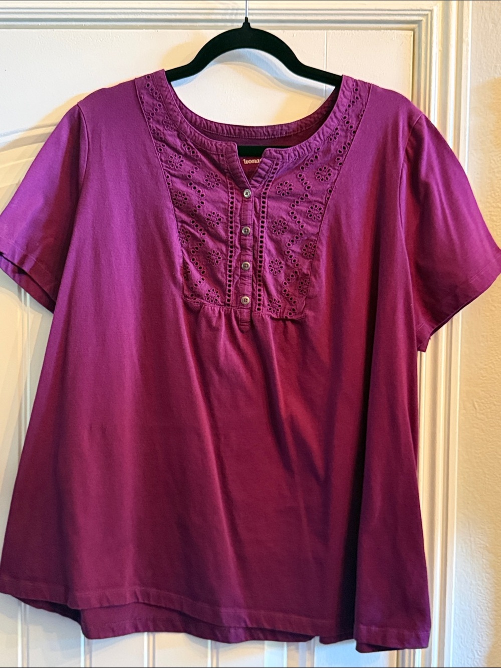 Woman Within Magenta Eyelet Split-Neck Short Sleeve Top